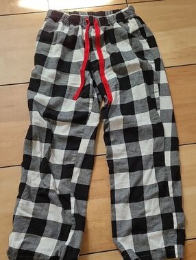 Black & White Buffalo Check Pajama Pants with Red Drawstring